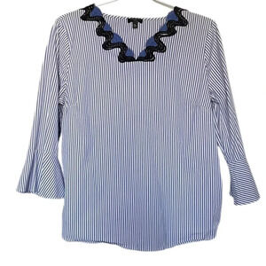 Talbots Petite Blue White Striped Rickrack-Trim Blouse Women’s Medium Petite